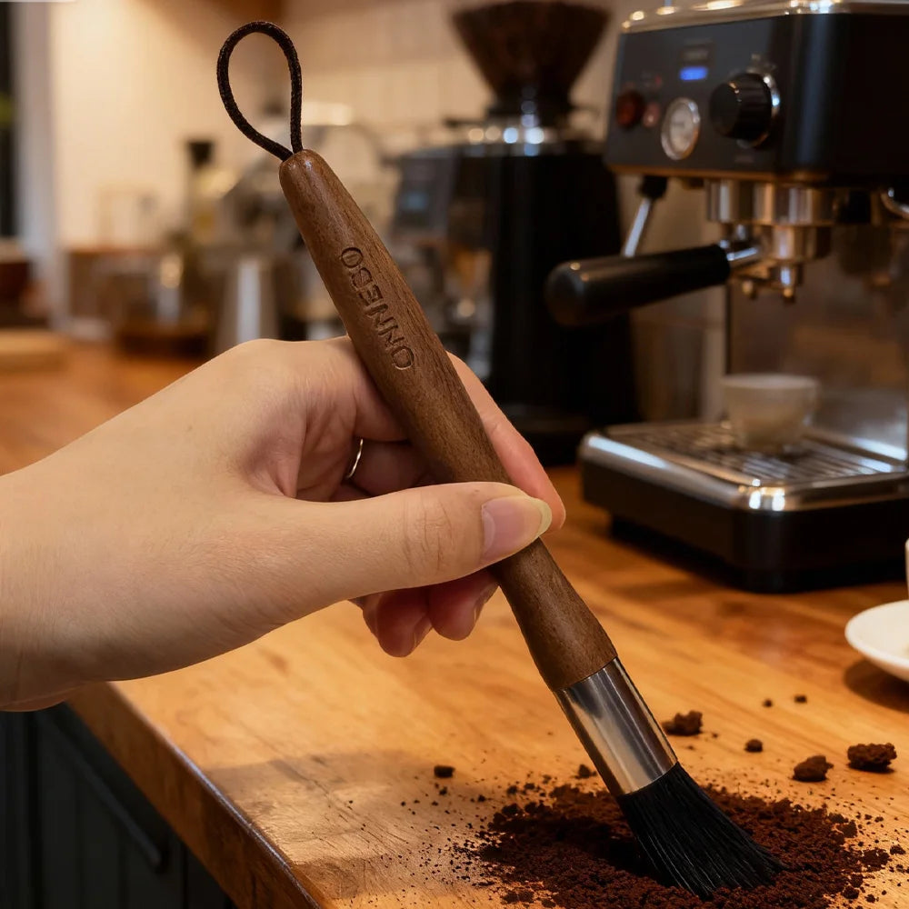 Coffee cleaning brush with wooden and black soft bristles