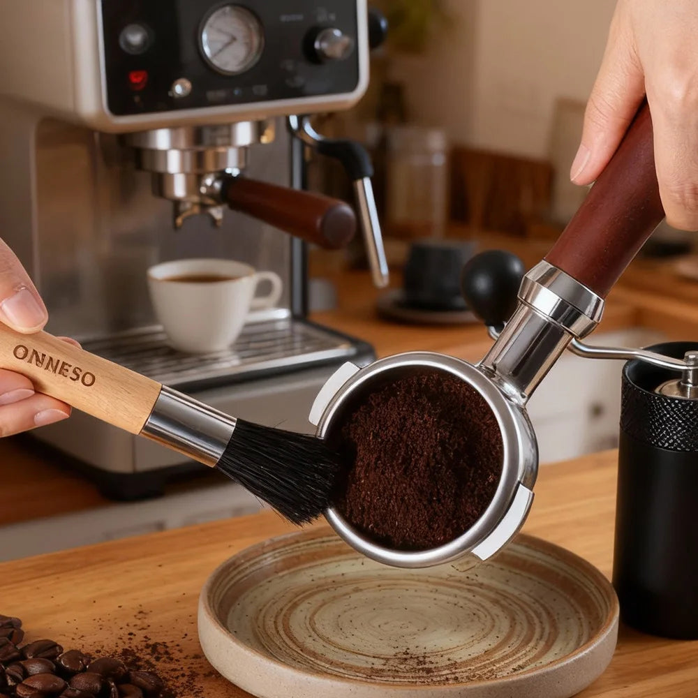Coffee cleaning brush with wooden and black soft bristles