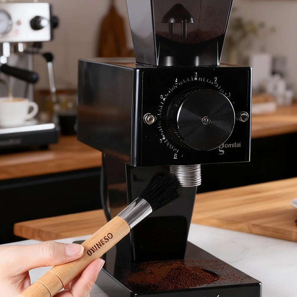 Coffee cleaning brush with wooden and black soft bristles