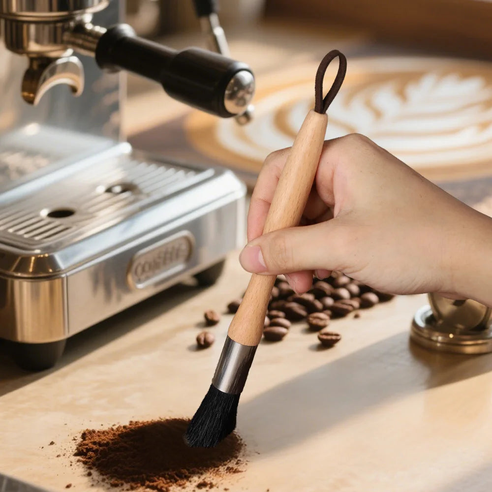 Coffee cleaning brush with wooden and black soft bristles