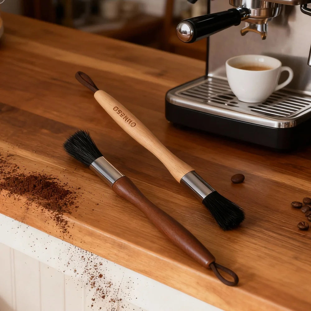 Coffee cleaning brush with wooden and black soft bristles